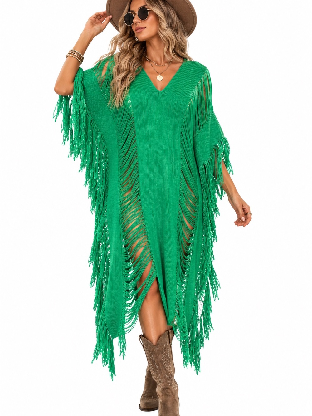 Runway Green Fringe Shredded Knit Poncho Dress Top Size L